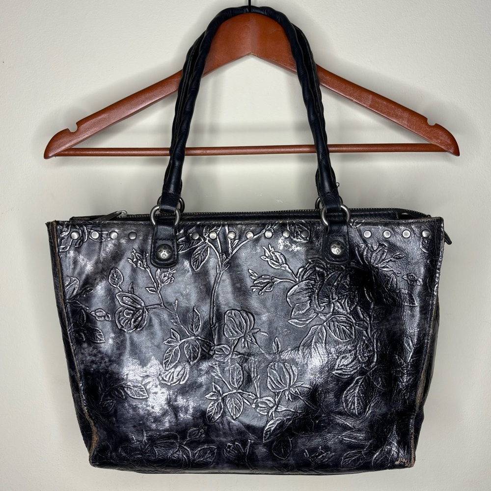 PATRICIA NASH Black Silver Bark Leaves Leather Zoncona Tooled Tote Bag Purse